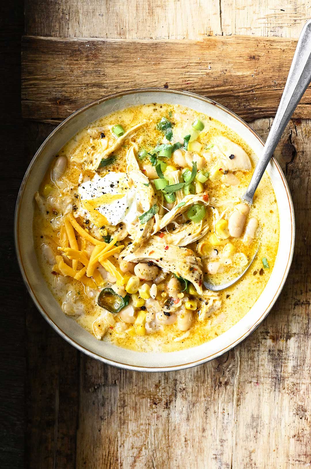 White Chicken Chili with Cream Cheese - Serving Dumplings