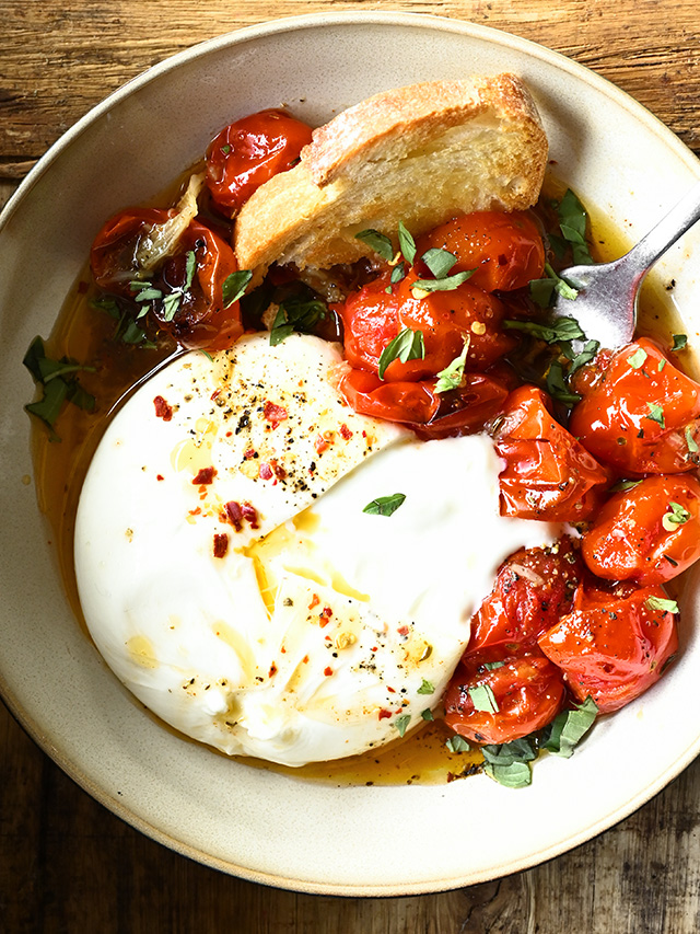 Charred Cherry Tomatoes with Burrata