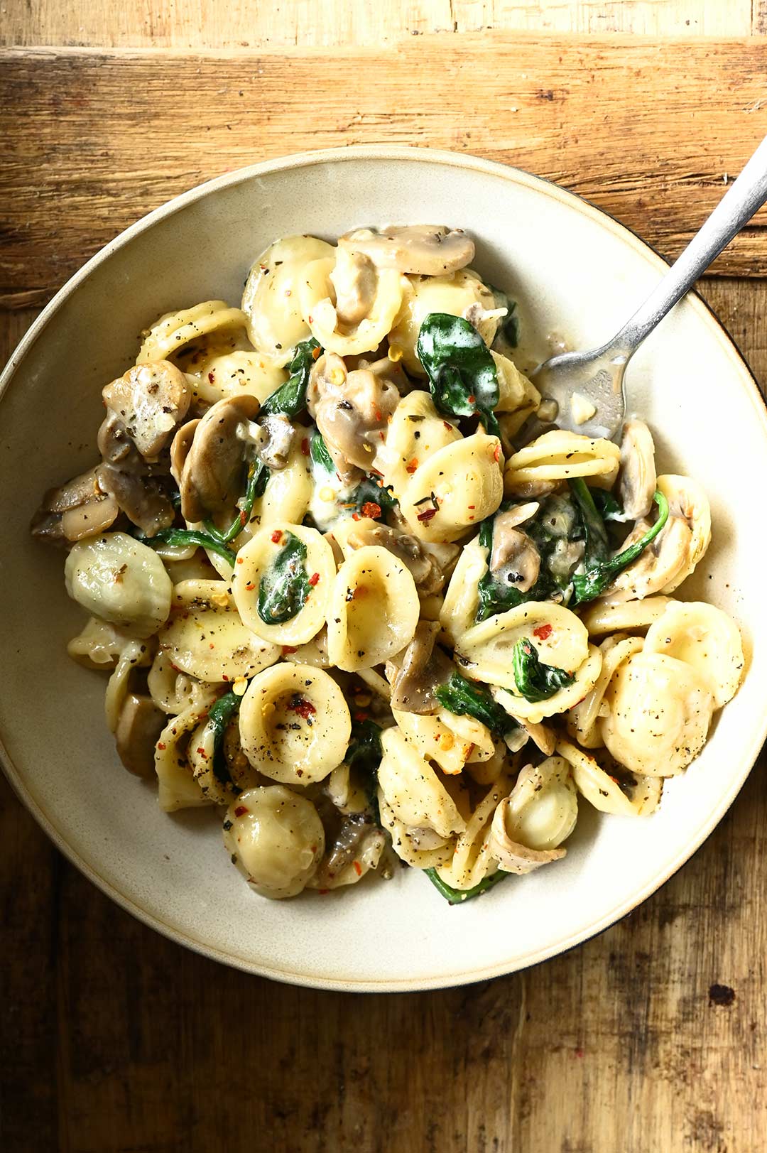 orecchiette with mushrooms and spinach