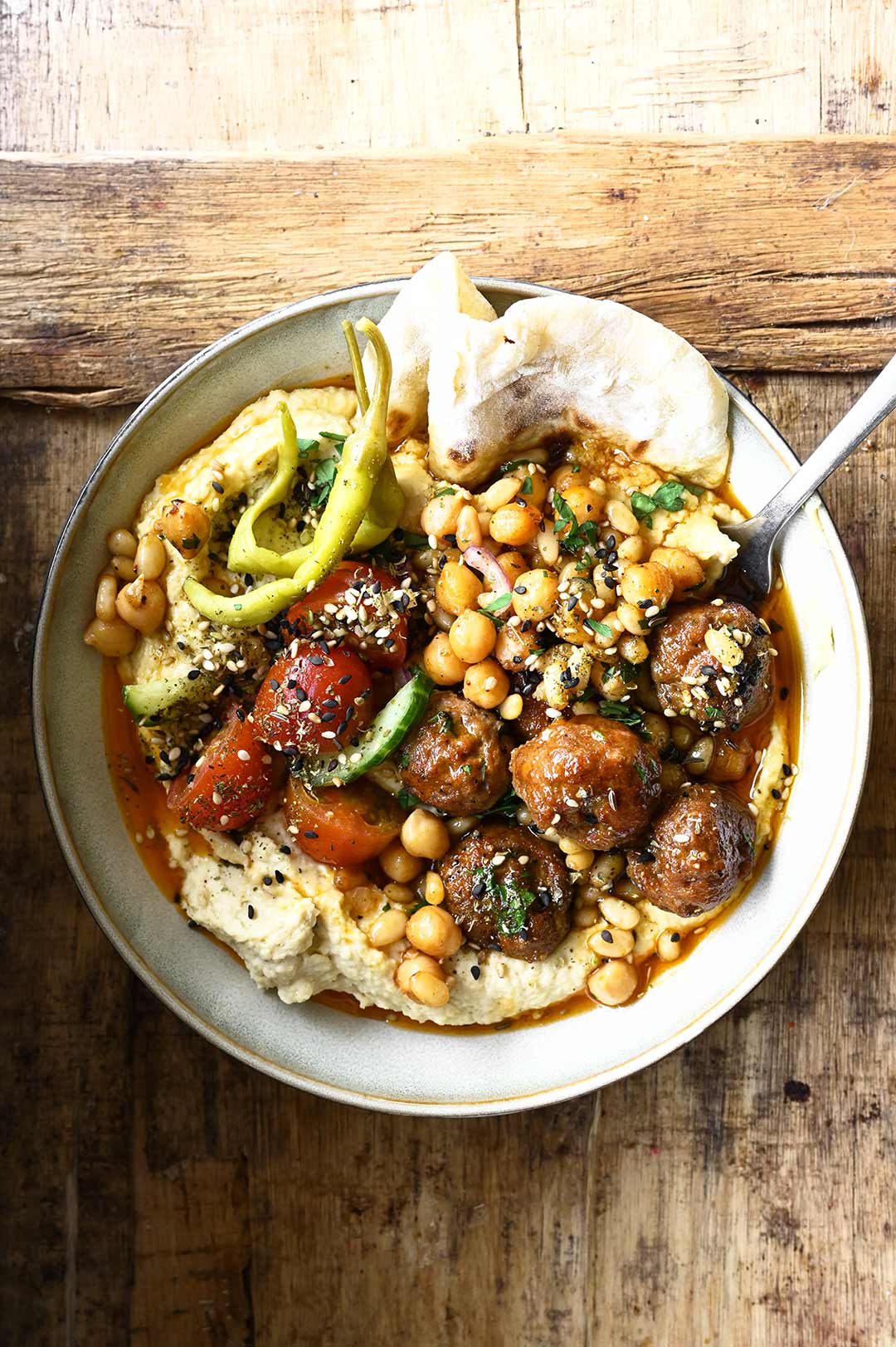 loaded hummus with merguez meatballs