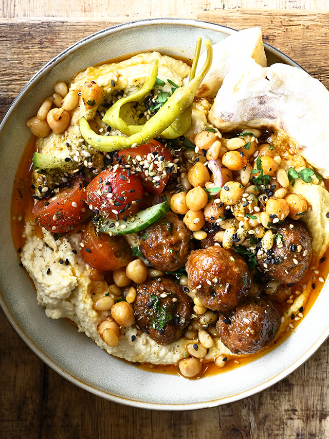 Loaded Hummus Bowl with Merguez Meatballs