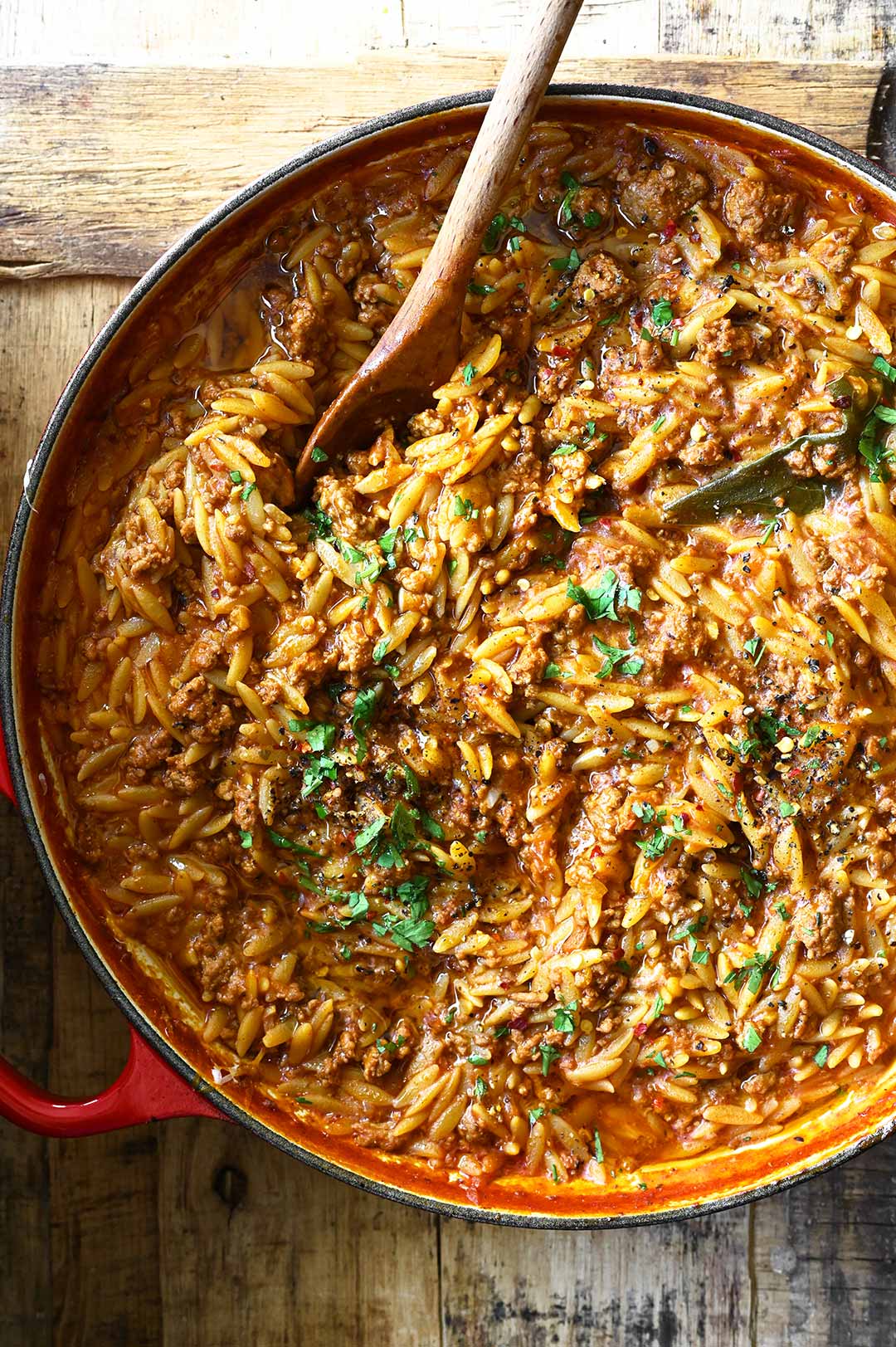 One Pot Tomato Beef Orzo - Serving Dumplings