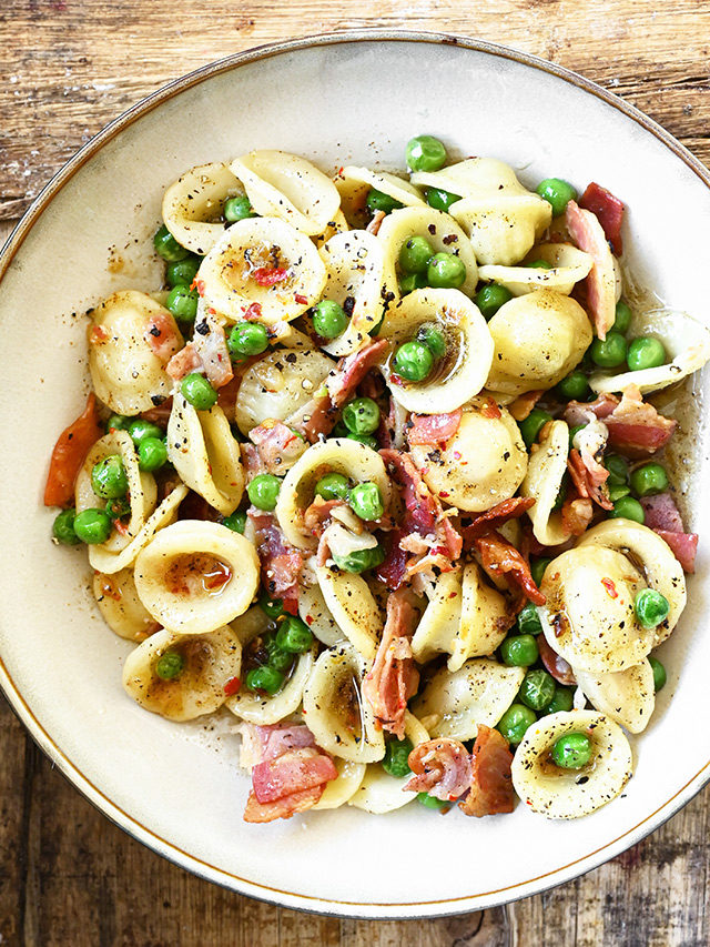 Buttery Orecchiette with Crispy Pancetta and Peas