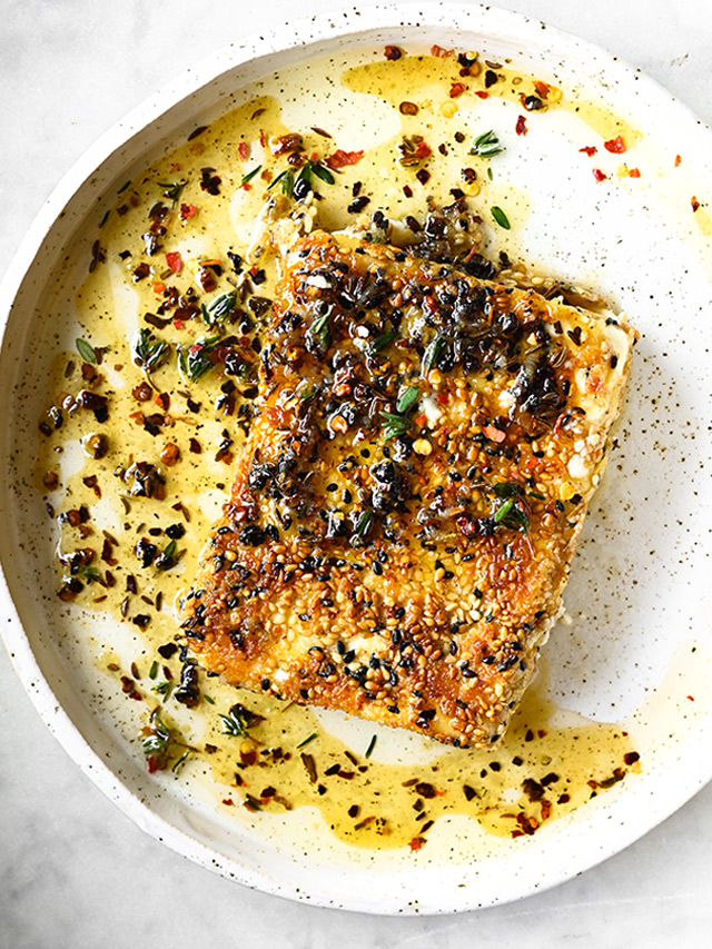 fried feta with sesame and spicy honey