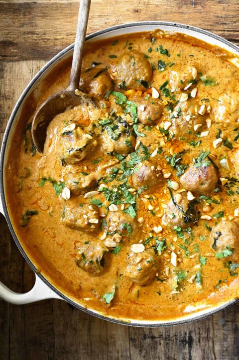 thai chicken meatballs in peanut sauce