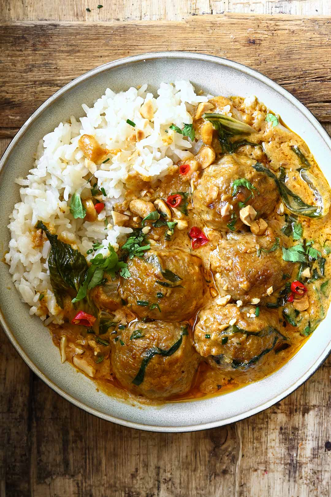 thai chicken meatballs in peanut sauce