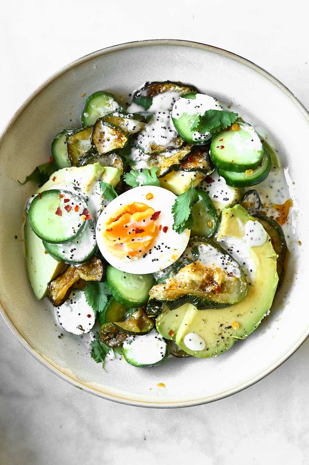 roasted zucchini and avocado salad with poppy seed dressing