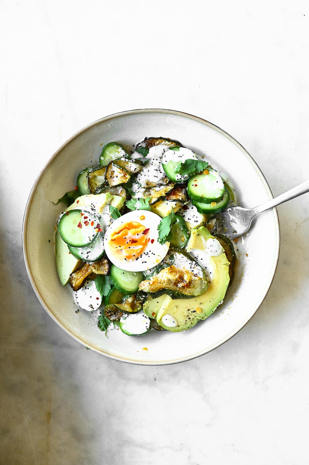 roasted zucchini and avocado salad with poppy seed dressing