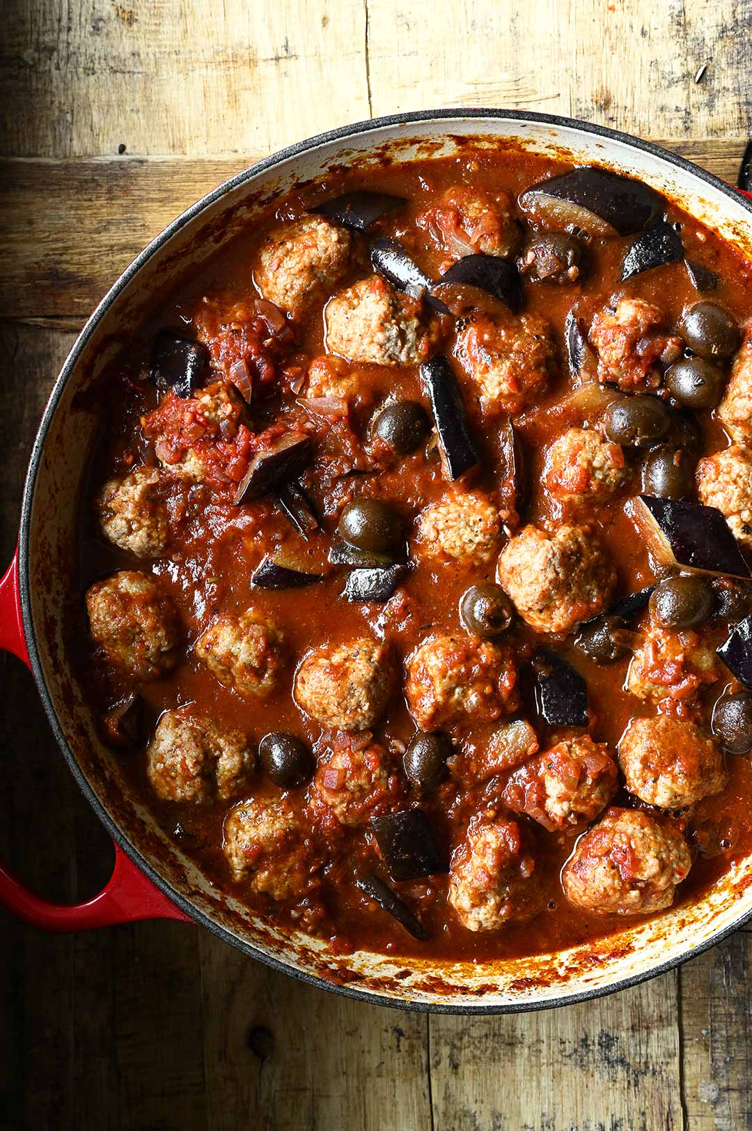 spaghetti and meatballs in tomato eggplant sauce