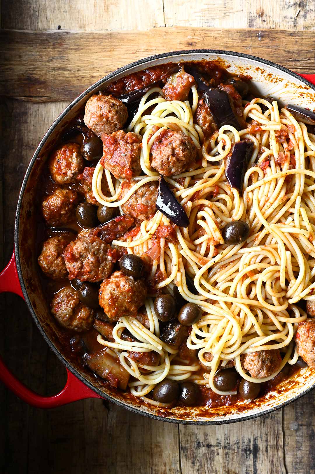 spaghetti and meatballs in tomato eggplant sauce