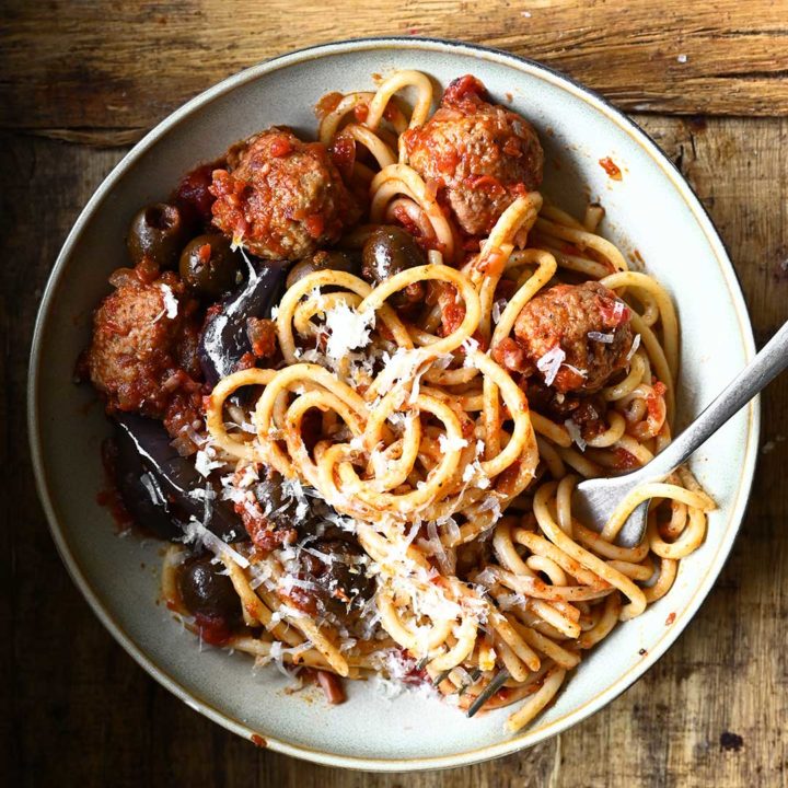 spaghetti and meatballs in tomato eggplant sauce