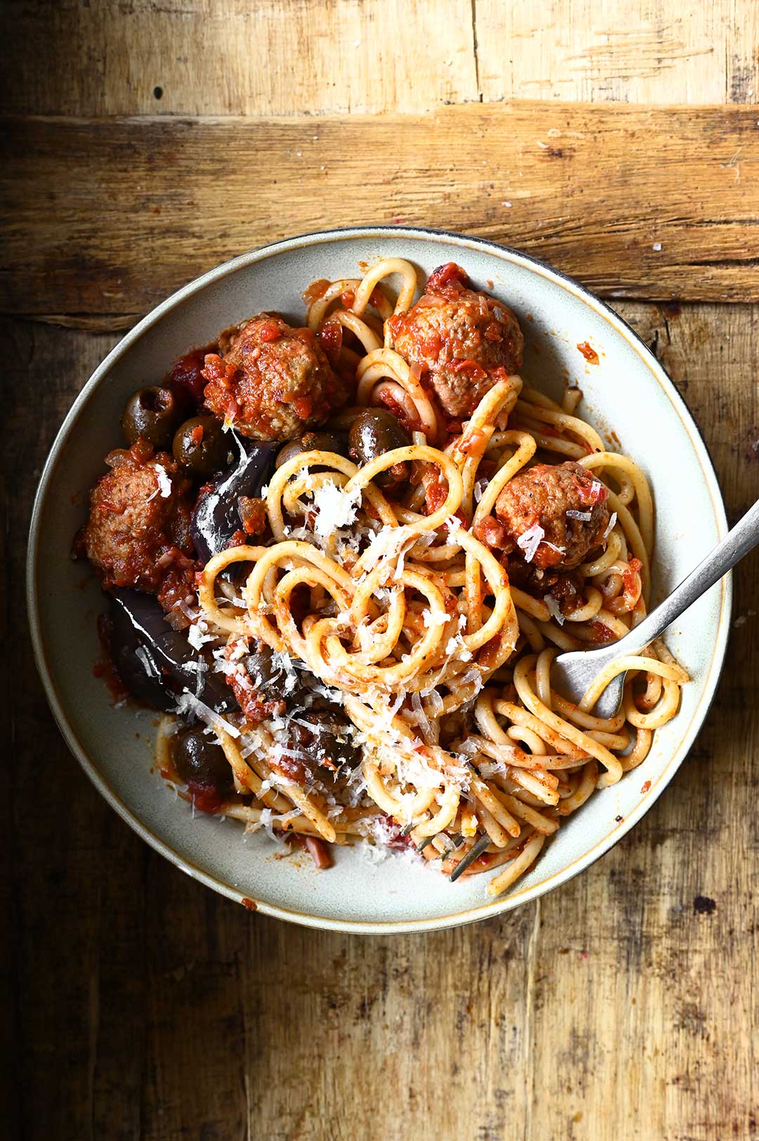 spaghetti and meatballs in tomato eggplant sauce