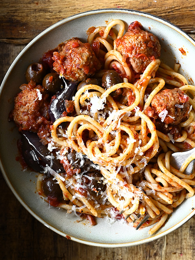 Spaghetti and Meatballs in Tomato Eggplant Sauce