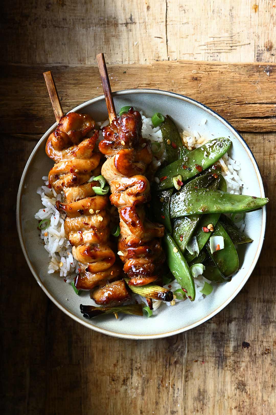 sticky chicken skewer rice bowls