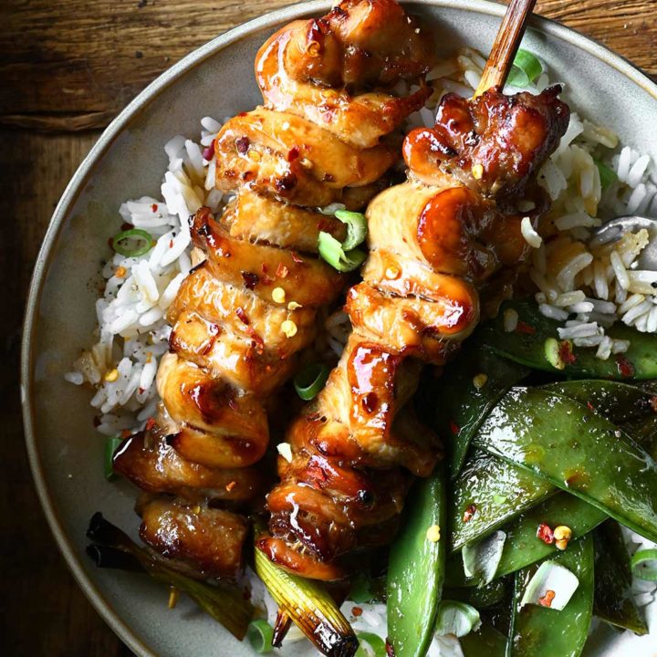 Sticky Chicken Skewer Rice Bowls - Serving Dumplings