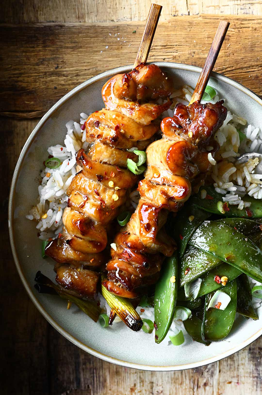 sticky chicken skewer rice bowls