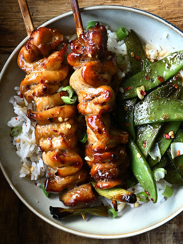 Sticky Chicken Skewer Rice Bowls