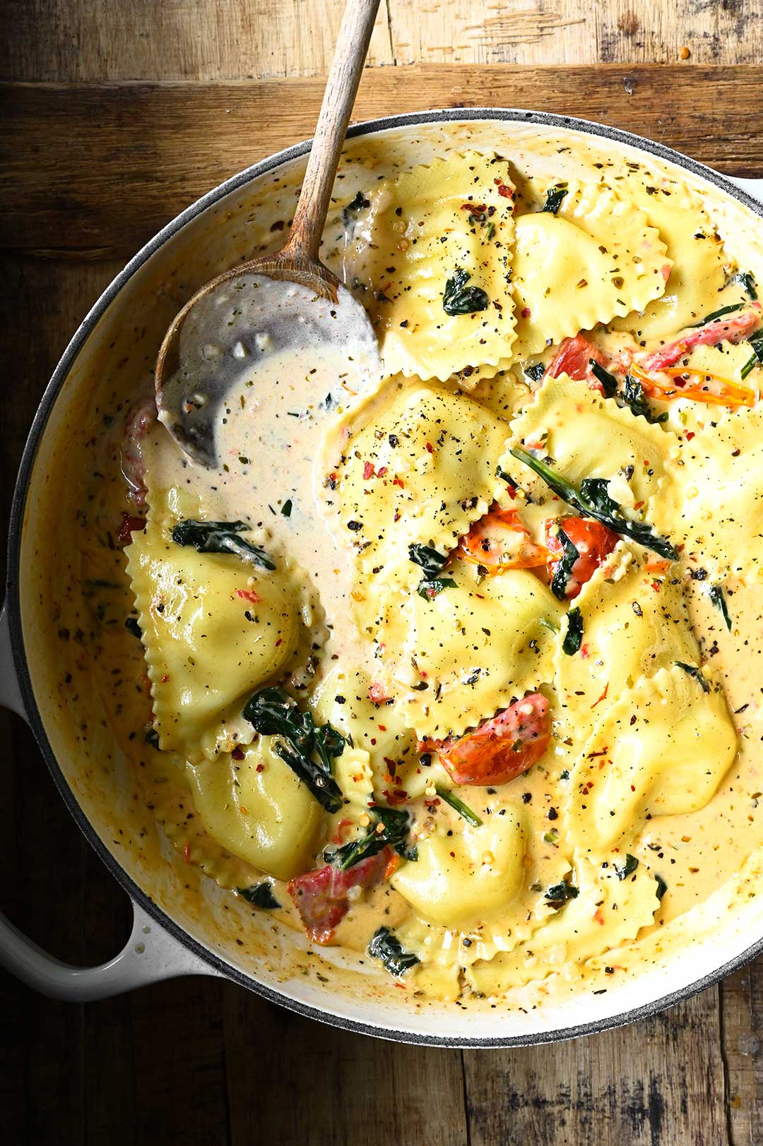 Creamy Tuscan Ravioli - Serving Dumplings