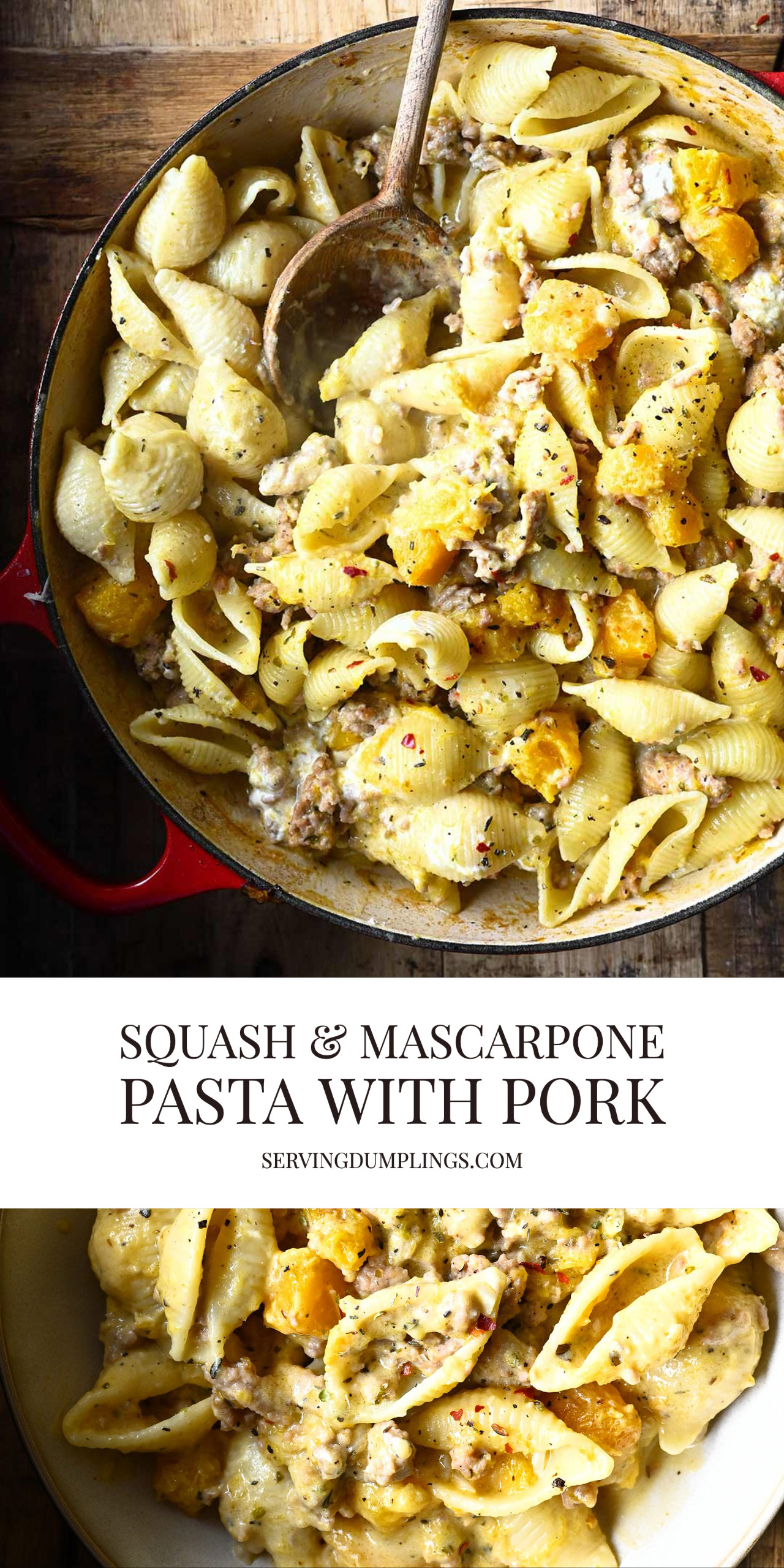 Mascarpone Butternut Squash Pasta with Pork - Serving Dumplings