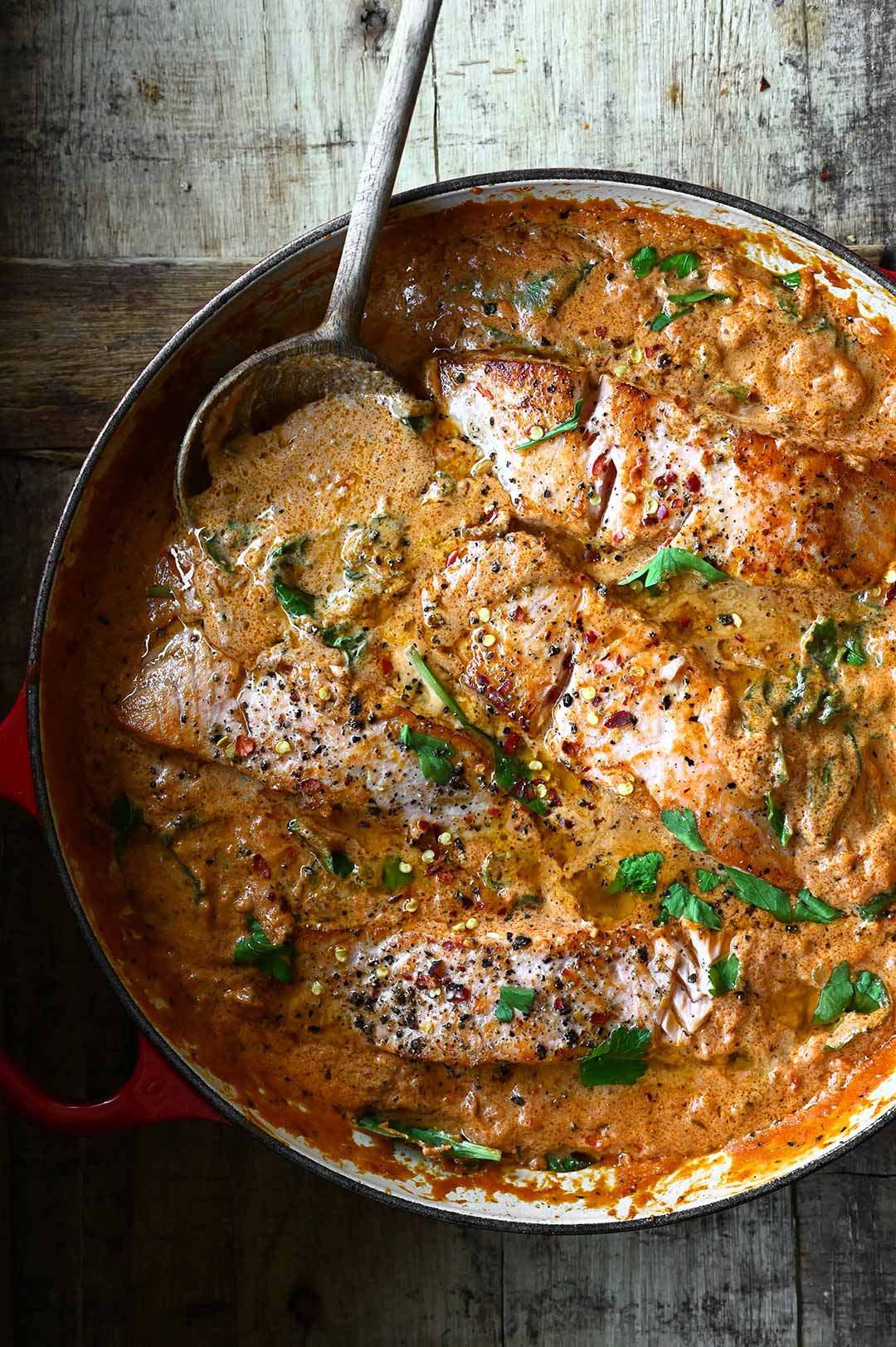 Salmon in Creamy Red Pesto Sauce - Serving Dumplings