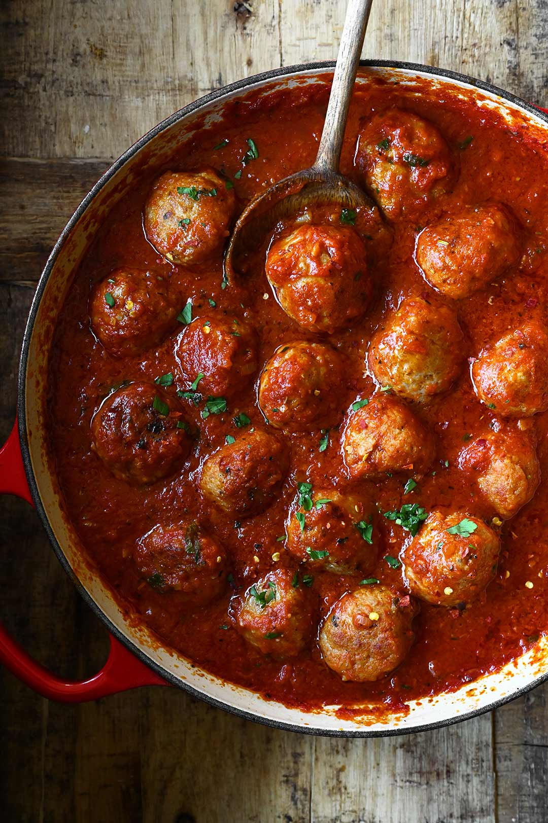 chicken meatballs all arrabbiata with polenta