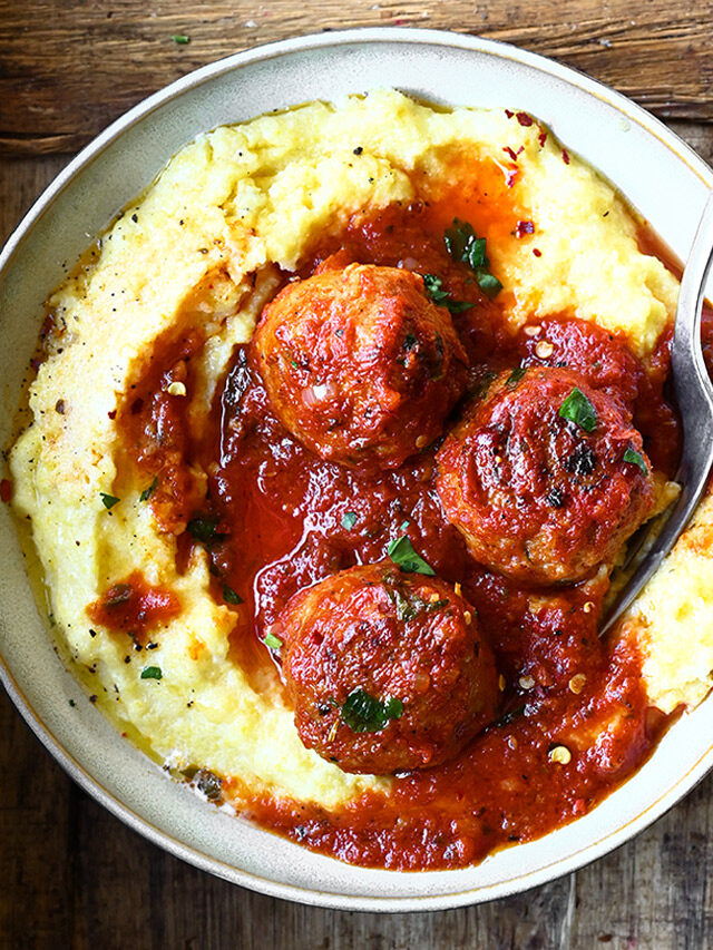 Chicken Meatballs all’Arrabbiata with Polenta