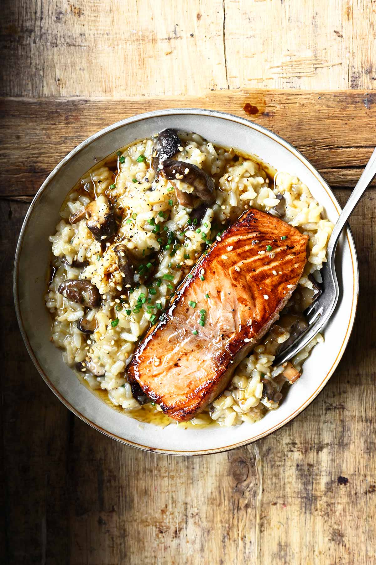 japanese style risotto with seared salmon