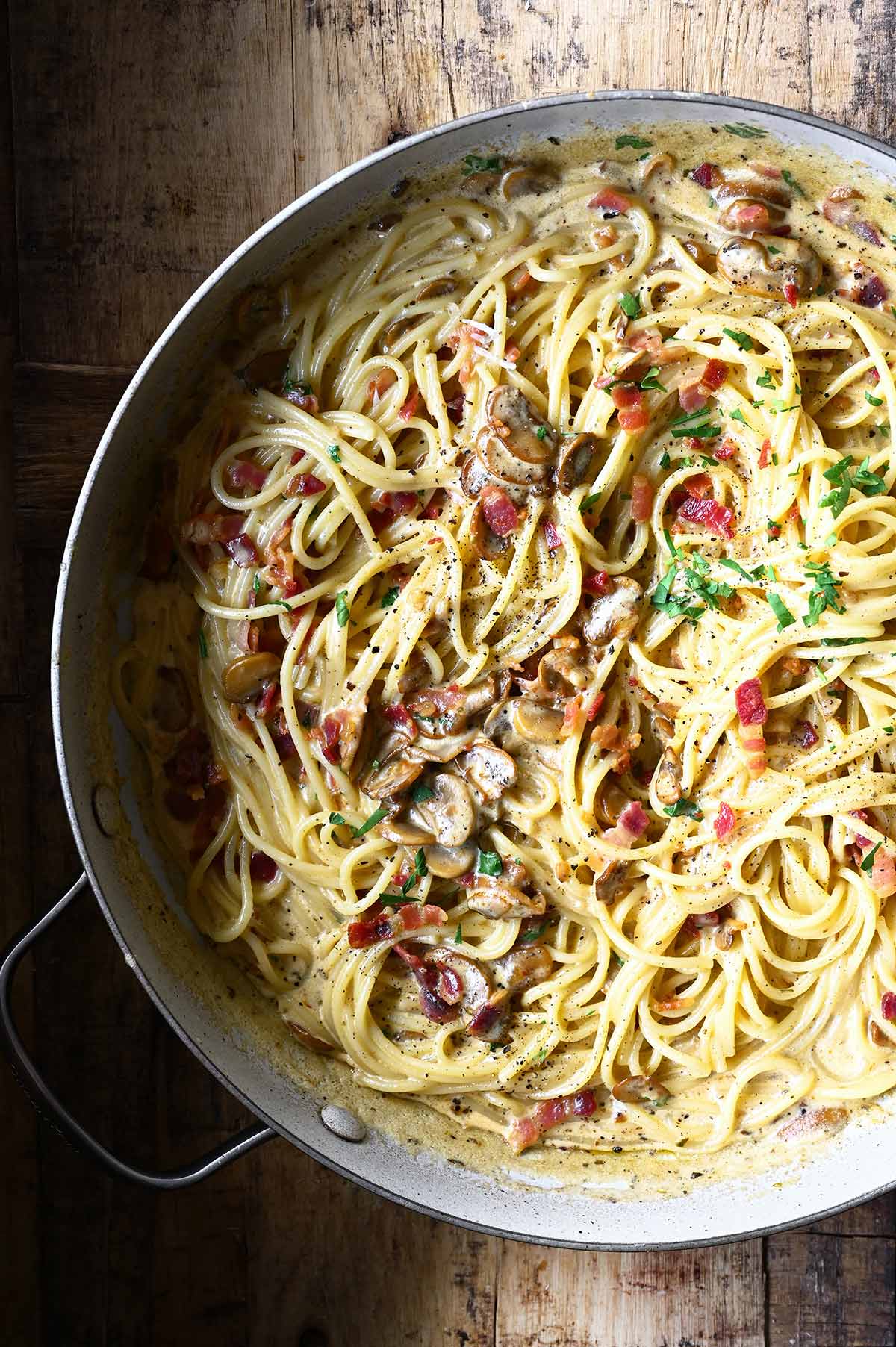 Creamy Mushroom and Bacon Pasta - Serving Dumplings