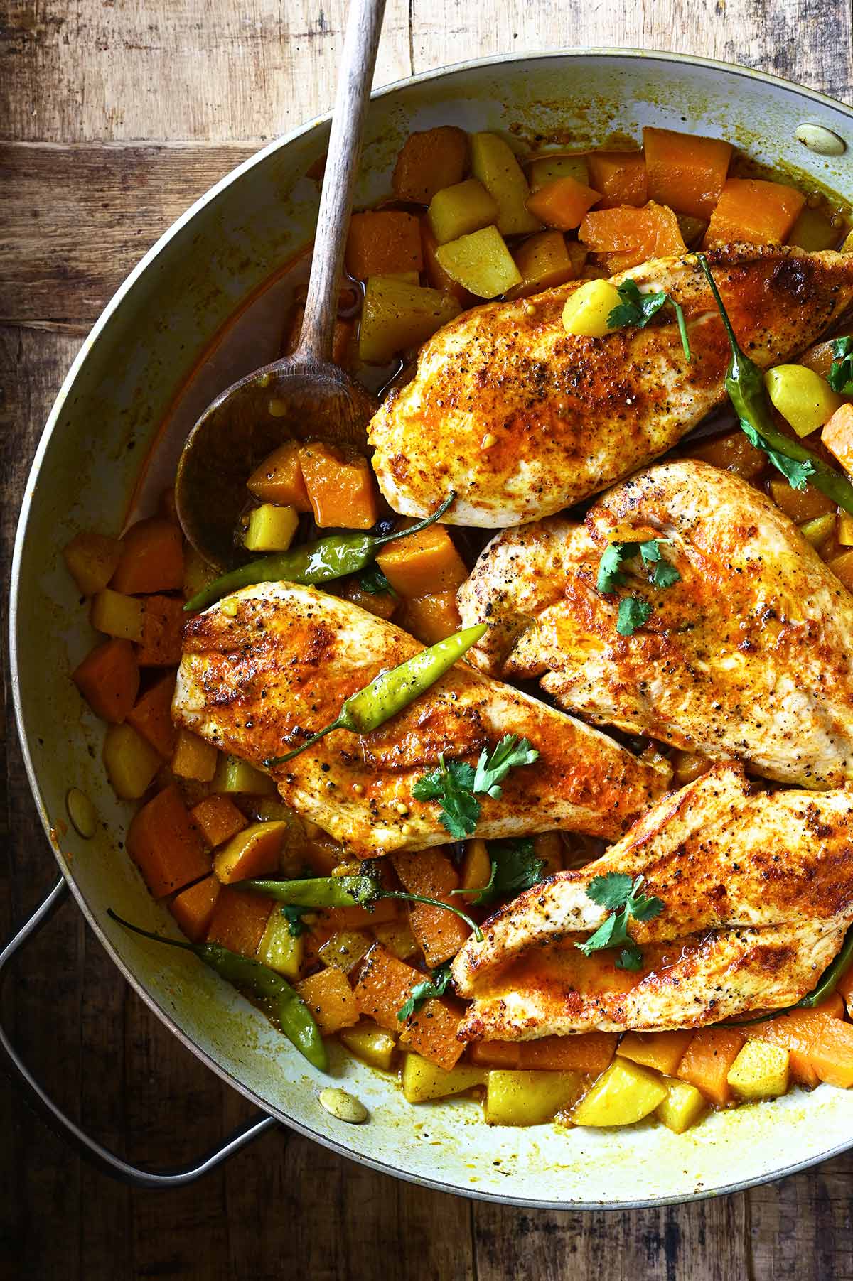 Indian Spiced Chicken with Sweet Potatoes - Serving Dumplings