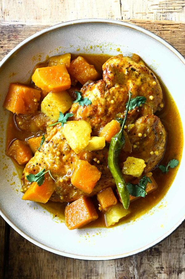 Indian Spiced Chicken with Sweet Potatoes - Serving Dumplings