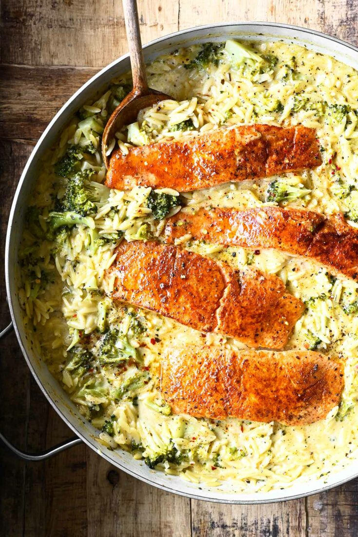 One Pot Broccoli Cheddar Salmon Orzo Serving Dumplings