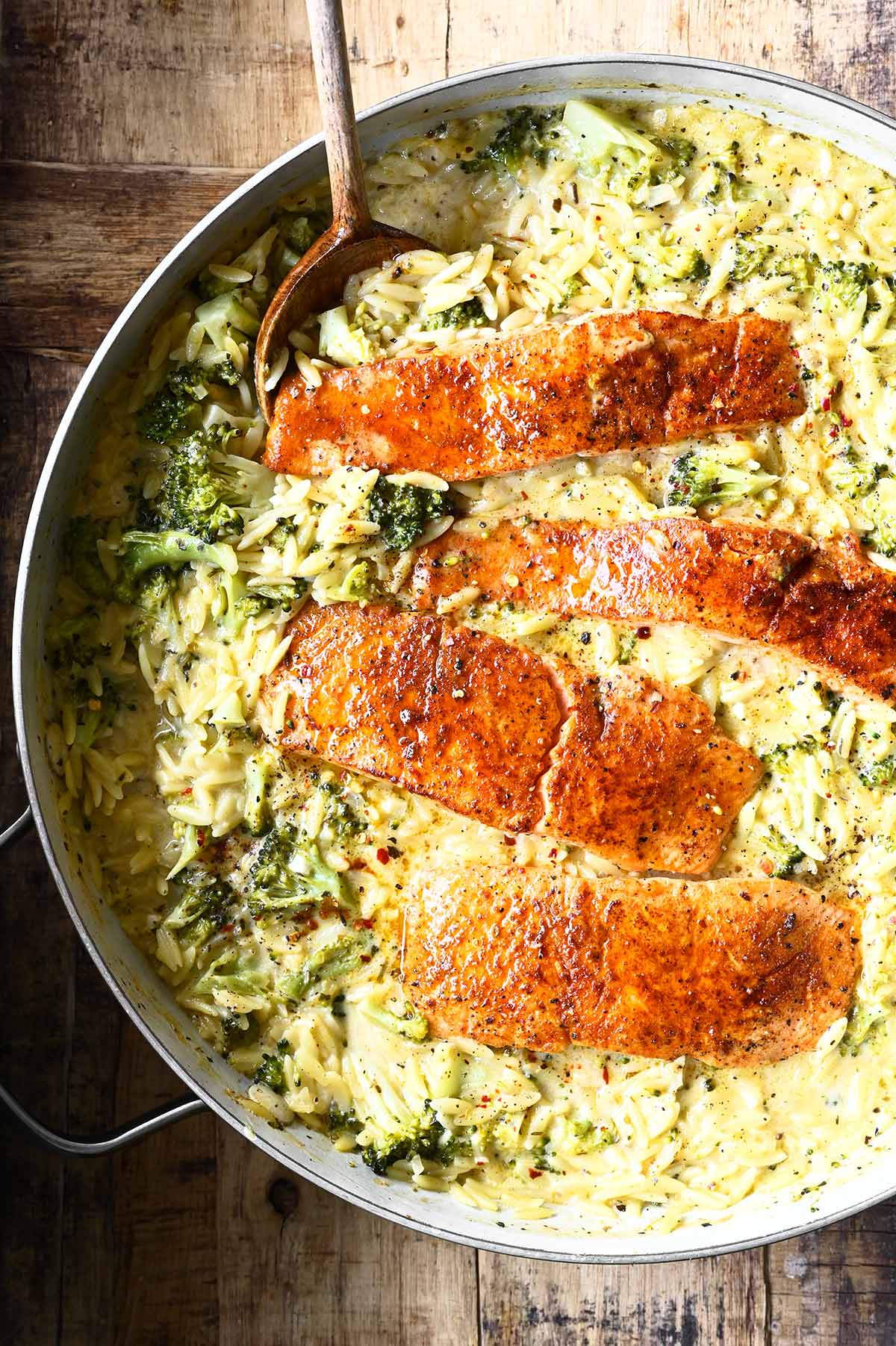 one pot broccoli cheddar salmon orzo