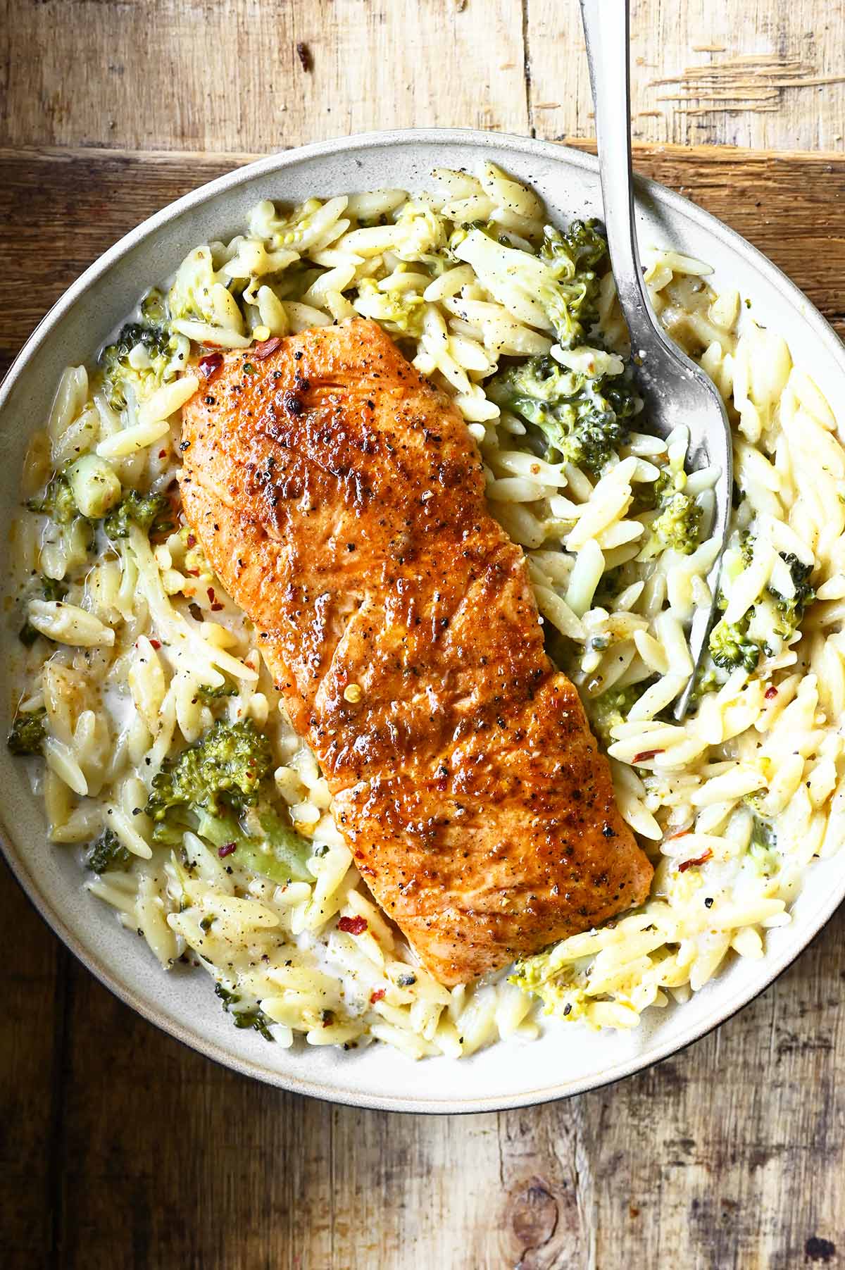 one pot broccoli cheddar salmon orzo