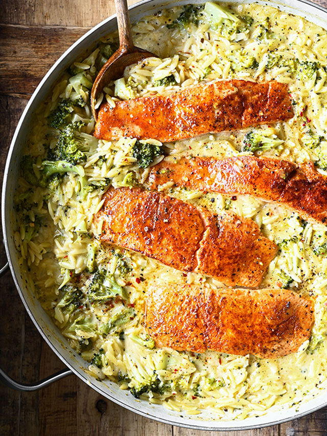 One Pot Broccoli Cheddar Salmon Orzo