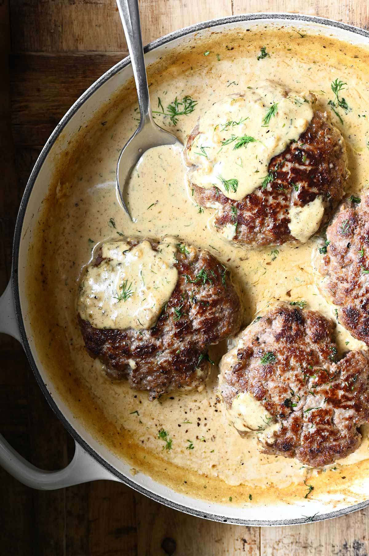 hamburger steak in creamy dill sauce