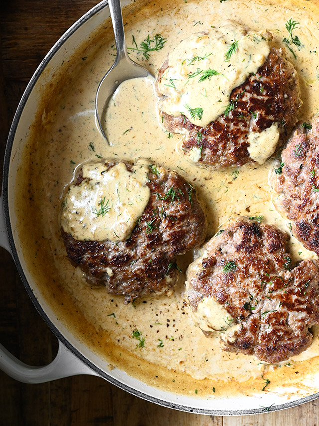 Hamburger Steaks in Creamy Dill Sauce - Serving Dumplings