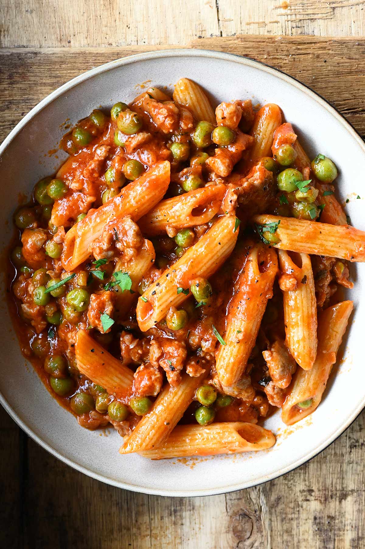 penne with italian sausage and peas