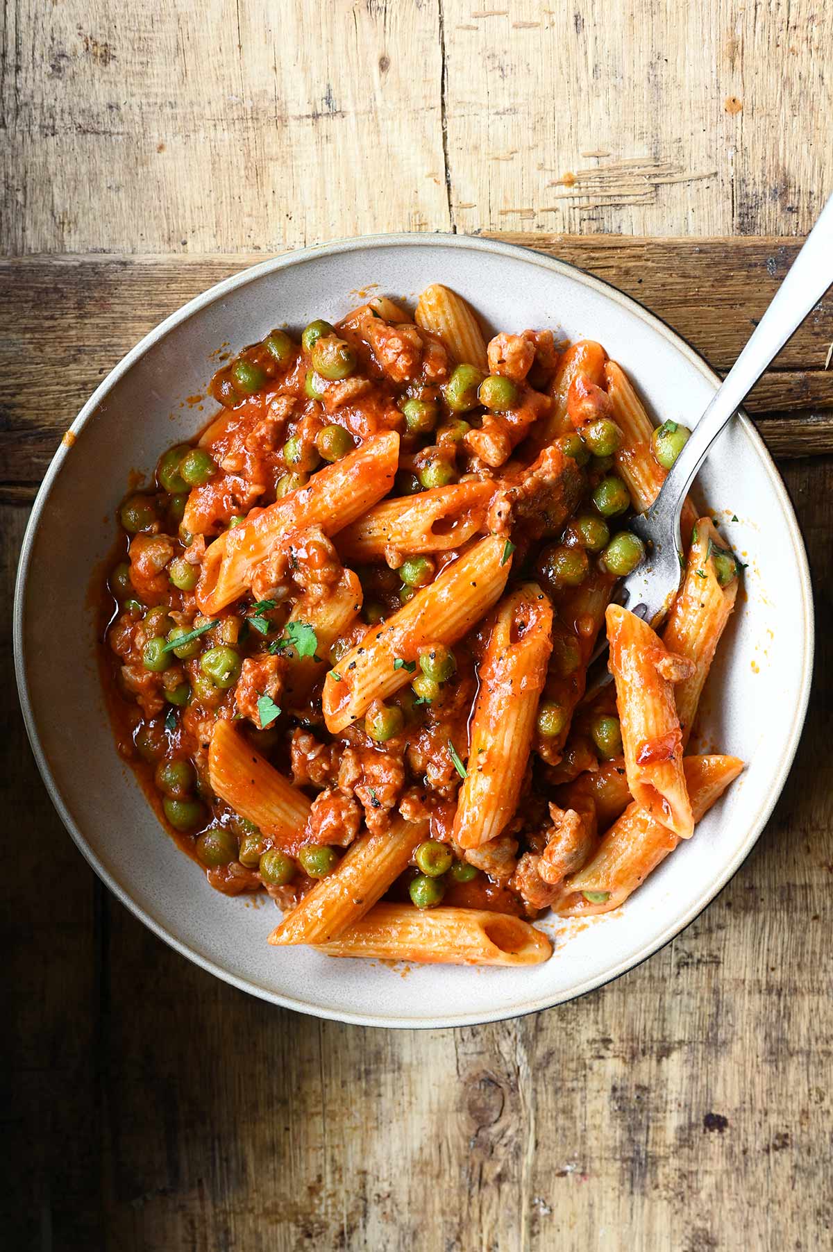 penne with italian sausage and peas