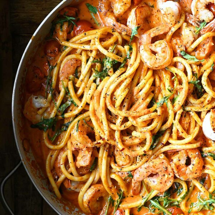 tomato parmesan shrimp pasta with arugula