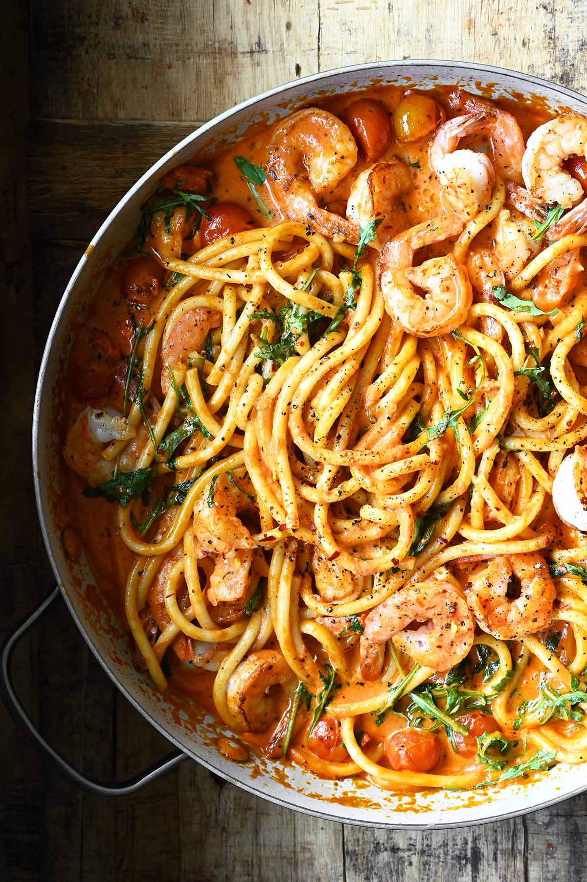 tomato parmesan shrimp pasta with arugula