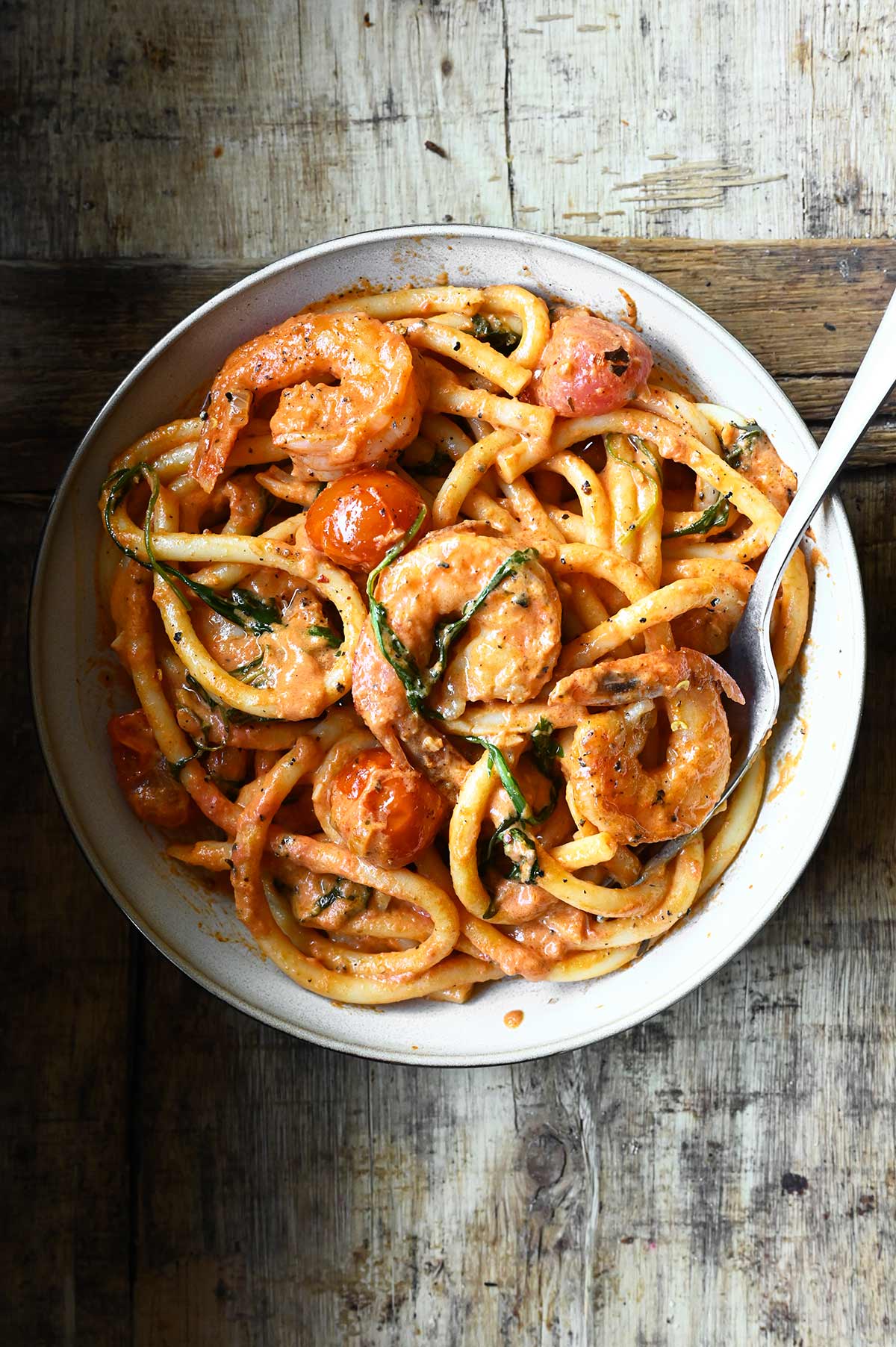 tomato parmesan shrimp pasta with arugula