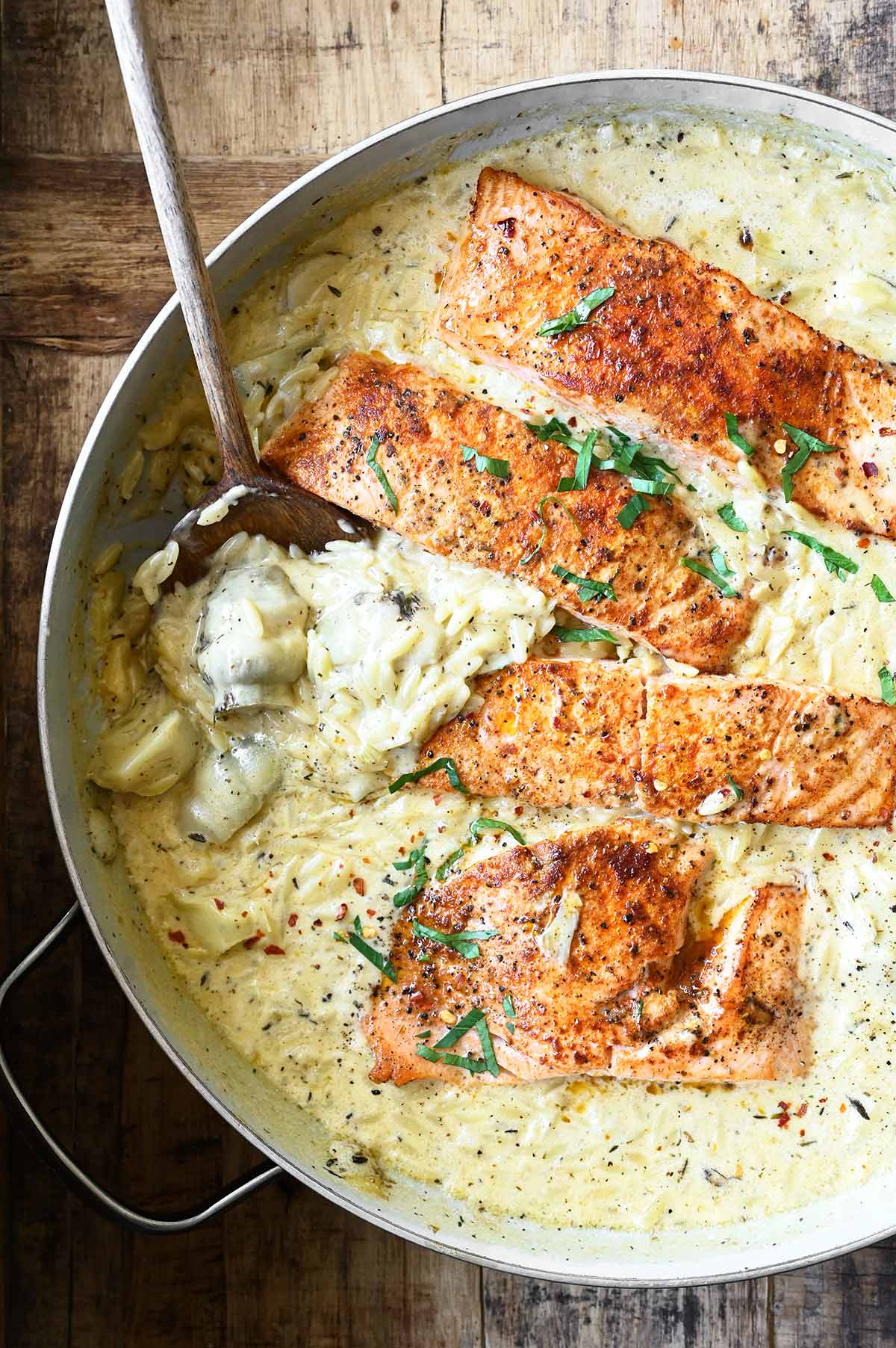 salmon with artichoke orzo