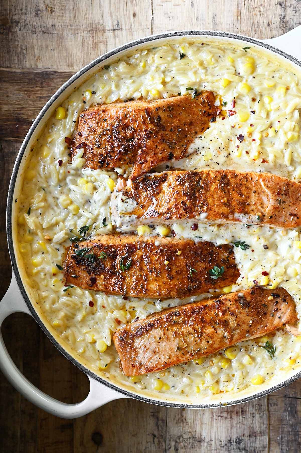 creamed corn orzo with salmon