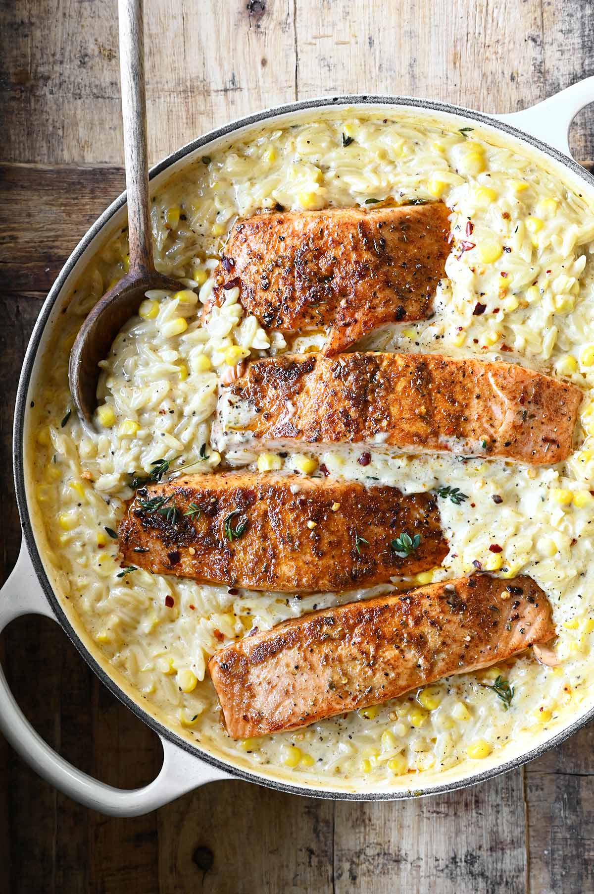 creamed corn orzo with salmon