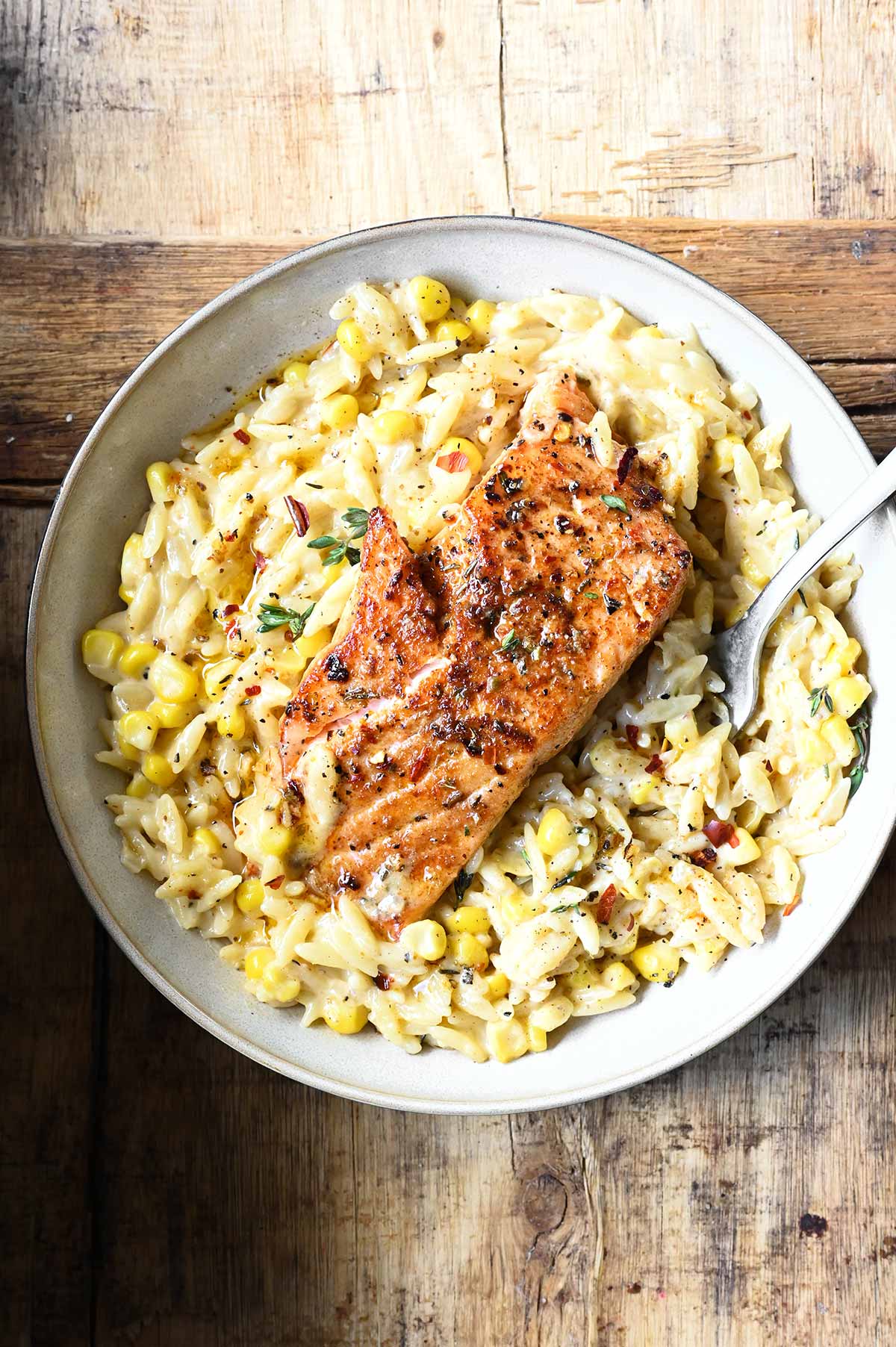 creamed corn orzo with salmon