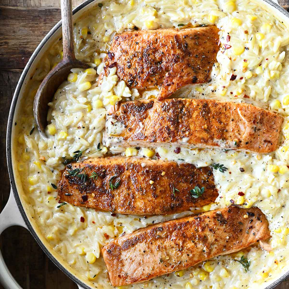Creamed Corn Orzo with Salmon-image