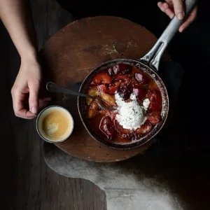boozy caramelized plums