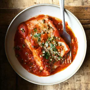 poached cod in peppery tomato sauce