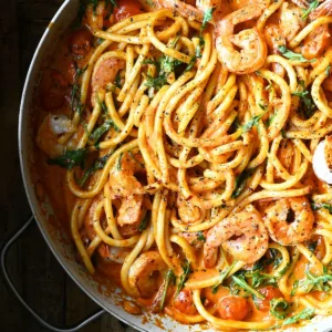 tomato parmesan shrimp pasta with arugula