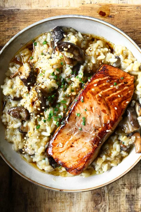 japanese style risotto with seared salmon